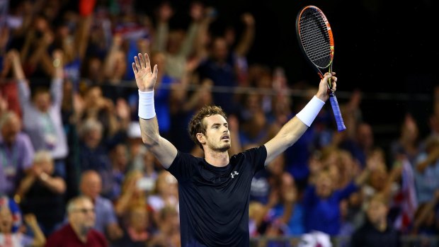 Andy Murray celebrates victory against Bernard Tomic on Sunday.