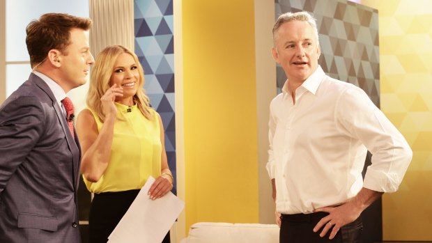 Hugh Marks (right), CEO of Nine Entertainment on set with Mornings presenters Ben Fordham and Sonia Kruger.