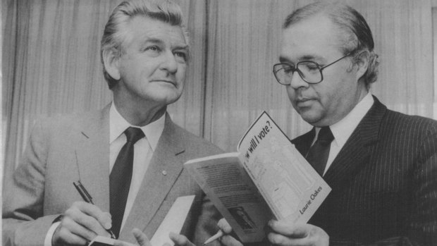 Then-PM Bob Hawke and journalist Laurie Oakes at his book launch at National Press Club in Canberra on October 31, 1984.