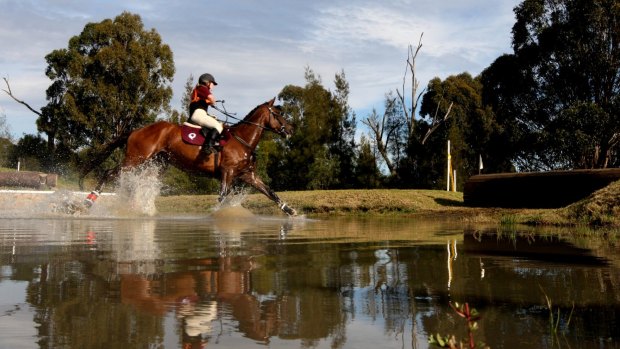 A rider on the cross-country course at the Sydney International Equestrian Centre. Parents of young riders say there is a sombre mood surrounding the sport.