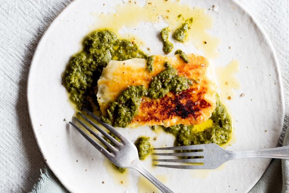 Grilled haloumi and salsa verde.