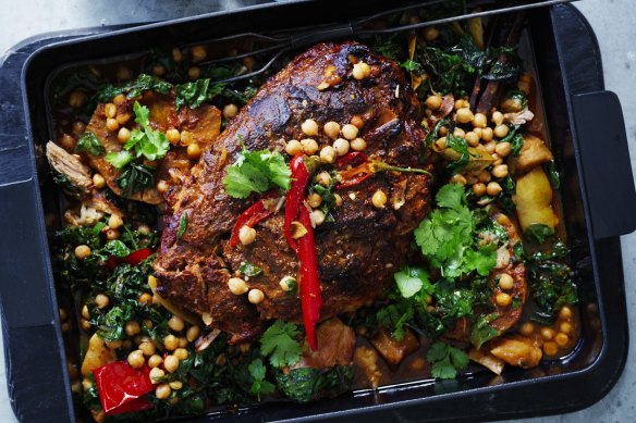 Slow-cooked pork shoulder and celeriac with braised chickpeas and silverbeet.