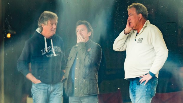 Presenters James May, Richard Hammond and Jeremy Clarkson on the set.