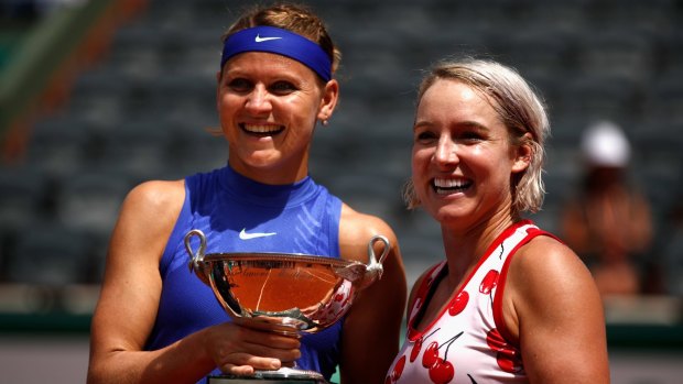 Women's doubles winners: Lucie Safarova of The Czech Republic (L) and partner Bethanie Mattek-Sands of The United States (R).