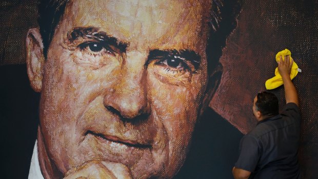 Wall mural of former President Richard Nixon in the lobby area of the Richard Nixon Presidential Library and Museum in Yorba Linda, California.