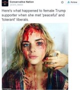 A tweet purporting to show 'liberal' violence instead used an easily debunked image of Australian star Samara Weaving from film Ash vs Evil Dead. 
