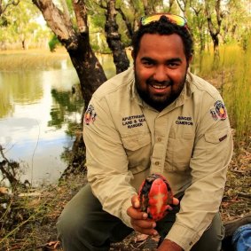 Apudthama ranger Cameron Wilson with a rare Jardine River Painted turtle.