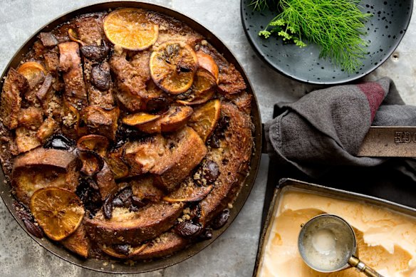 Burnt orange and chocolate bread and butter pudding with fennel ice-cream.