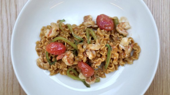 Malfalde pasta with king prawn, bok choy and tomato.