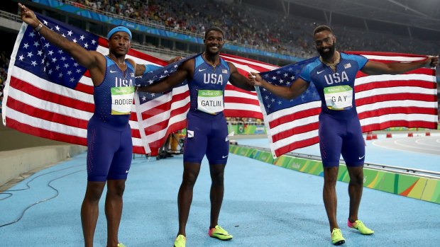 Celebrated prematurely Mike Rodgers, Justin Gatlin and Tyson Gay.