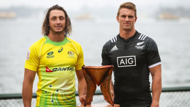 Australian captain Sam Myers and New Zealand skipper Scott Curry at the launch of the Sydney Sevens. 