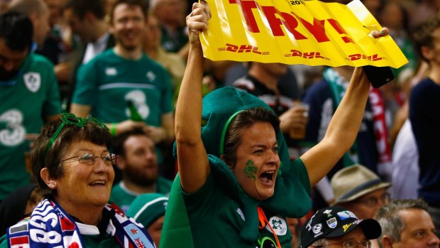 An Ireland fan celebrates during the 2015 Rugby World Cup match against Canada.