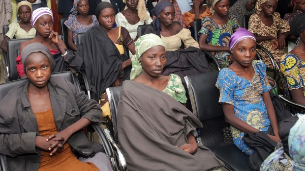 Some of the released girls pictured at Nigeria State House on Thursday.