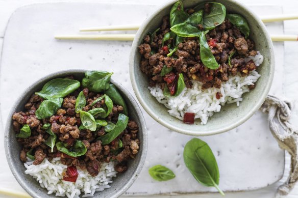 Thai-style stir-fried beef with basil.
