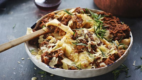 Sun-dried tomato and olive spiced lamb ragu with pasta.