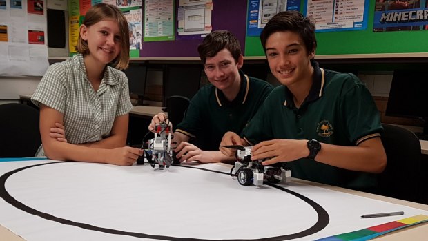 Central Coast Grammar School robotics team, from left, Jenna Watkins, Noah Boys-Smith and Jack Quinlan.