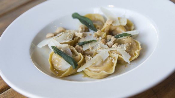 Pumpkin tortelli with burnt butter, sage and amaretti biscuits.