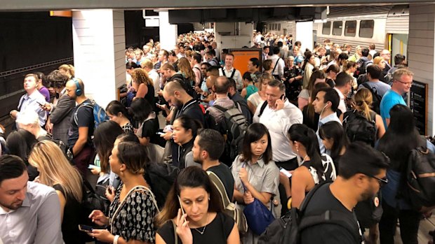 Wynyard station packed with commuters.