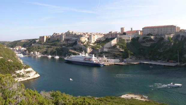 SeaDream I, docked here at Bonifacio in Corsica, also visits St Tropez and Cannes.