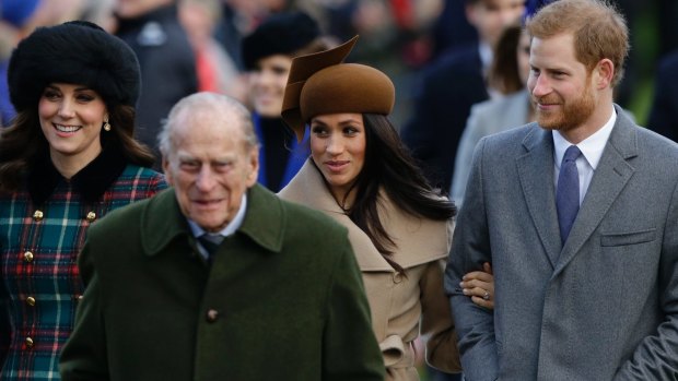 From left, Kate, Duchess of Cambridge, and Prince Philip, Meghan Markle, and Prince Harry arrive to the traditional Christmas Days service, at St. Mary Magdalene Church in Sandringham, England.