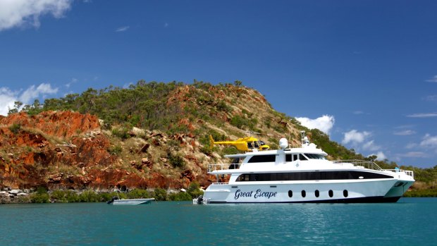 The Great Escape cruise boat and helicopter in the Buccaneer Archipelago, north of Broome.
