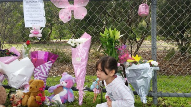 Flowers and toys have been fixed to a fence in a makeshift shrine for Sanaya Sahib.  