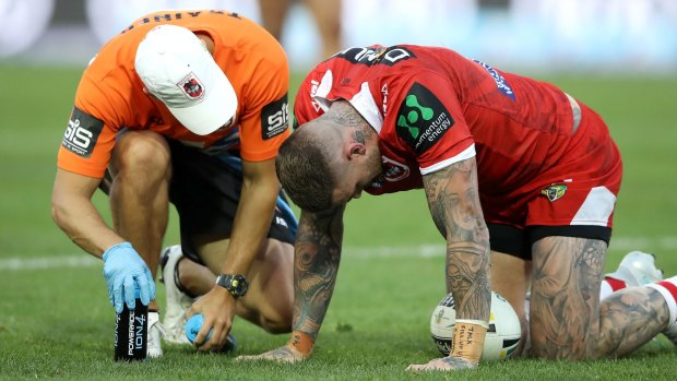 Dragons star Josh Dugan was forced from the field for a head injury assessment after taking a knock against the Bulldogs on Monday.