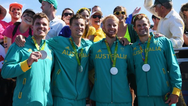 Still smiling: Australia's men's quad sculls crew.