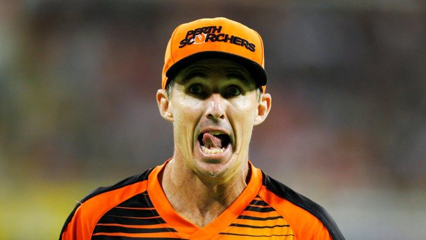 Brad Hogg of the Perth Scorchers reacts to the crowd during the Big Bash League. 