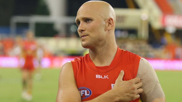 Gary Ablett holds his shoulder after The Suns lost to St Kilda in round two.