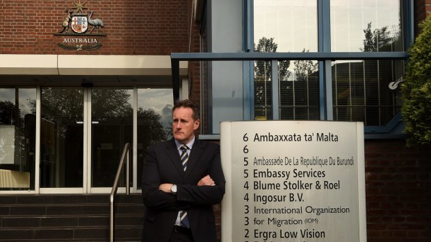 AFP senior investigator Andrew Donoghoe in front of the Australian embassy in The Hague.