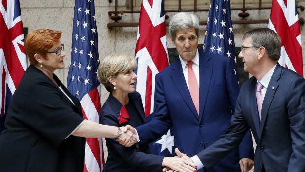 Supporting a US presence ... (From left) Australia's Defence Minister Marise Payne and Foreign Minister Julie Bishop, and US Secretary of State John Kerry and Defence Secretary Ash Carter.