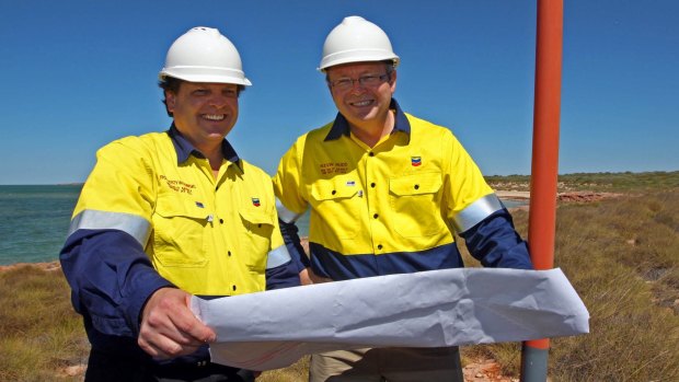 September 2009: Kevin Rudd and Chevron managing director Roy Krzywosinski at the Gorgon Gas site at Town Point, Barrow Island.
