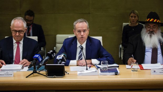 Prime Minister Malcolm Turnbull, Opposition Leader Bill Shorten and Labor senator Pat Dodson at a meeting of the Indigenous Referendum Council in July.