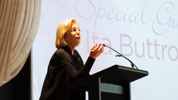 Ita Buttrose speaking in Canberra at the Pink Lady Luncheon for Breast Cancer Network Australia. 