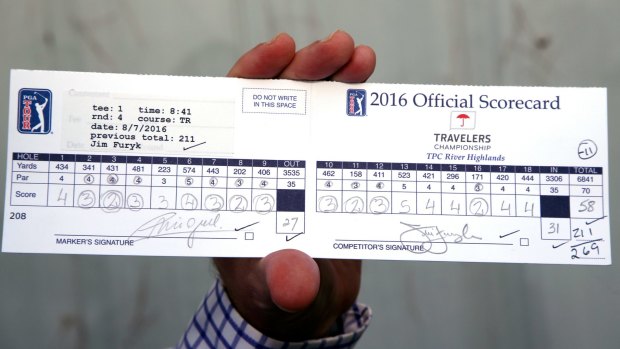 Jim Furyk's scorecard from his record-setting 58 during the final round of the Travelers Championship in Cromwell, Connecticut.