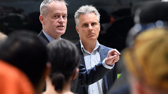 Bill Shorten (left) at Socobell original equipment manufacturer (OEM) alongside the company's managing director Ross Bellesis in Melbourne on Monday. 