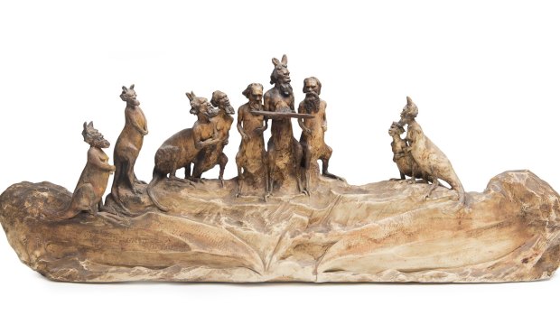Lot 233 from the estate of Marvin Hurnall: A William Ricketts (1898-1993) hand-modelled earthenware sculpture of nine "kangaroo man" figures. Estimate: $6000-$8000.
