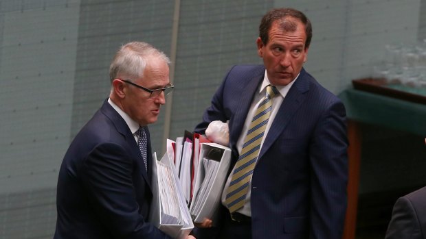Mr Turnbull leaves question time with  Special Minister of State Mal Brough.
