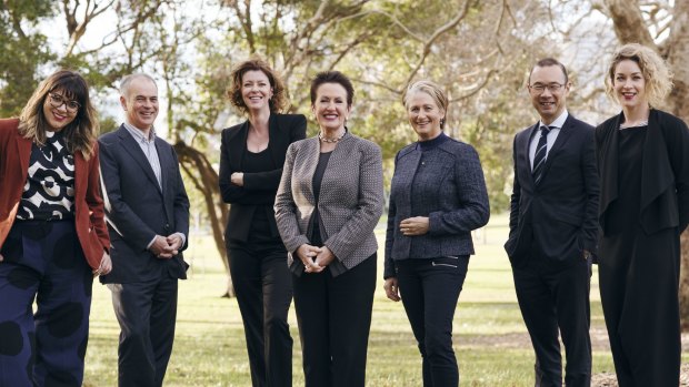 Lord mayor Clover Moore's ticket for council. From left: Jess Scully, Philip Thalis, Catherine Lezer, Clover Moore, Kerrin Phelps, Robert Kok and Jess Miller. 