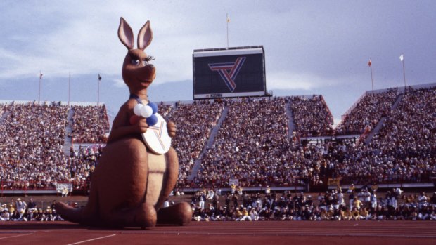 Matilda the Kangaroo, mascot at the 1982 Brisbane Commonwealth Games, pictured at the closing ceremony on 9 October 1982.
SMH SPORT Picture by VIC SUMNER
COMM2010