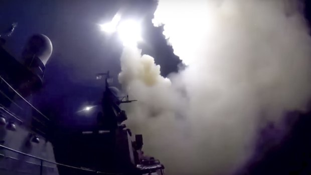 Another view of missiles launching from Russian warships in an image taken from the Russian Defence Ministry website on Wednesday.