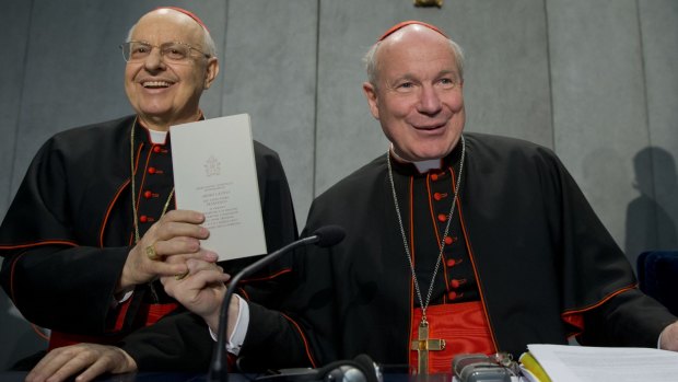 Cardinals Lorenzo Baldisseri and Christoph Schoenborn share Amoris Laetitia with the world at a press conference in Vatican City.