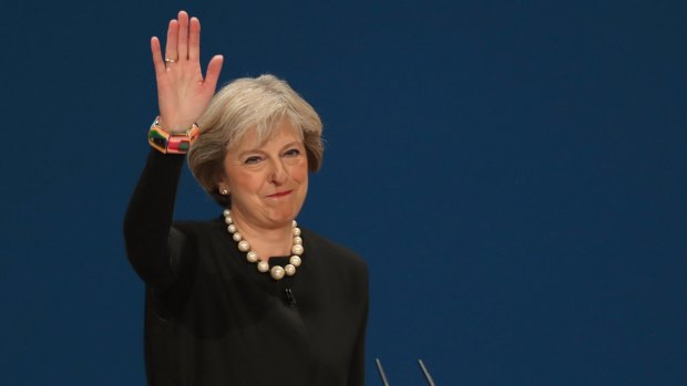 British Prime Minister Theresa May addresses the Conservative Party Conference in Birmingham on Sunday.