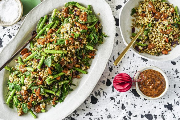 Zaatar spiced cous cous, nuts and green bean salad with date dressing. 