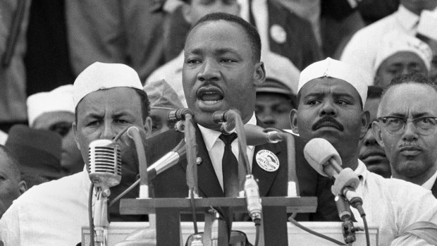 Martin Luther King Jr. addresses marchers during his "I Have a Dream" speech at the Lincoln Memorial in Washington. 