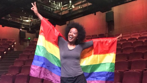 Faustina Agolley celebrates the Australian same-sex marriage postal survey delivering a "yes" result.