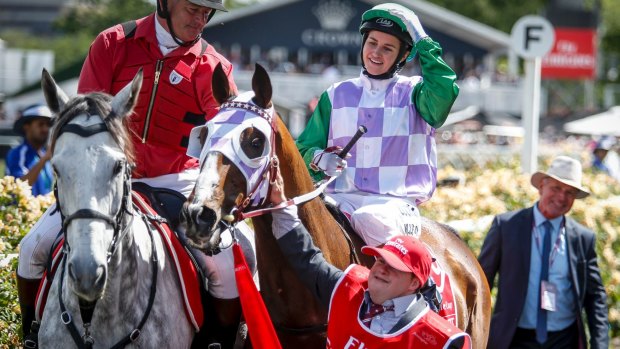 Prince of Penzance, with Michelle Payne on board, after winning the 2015 Melbourne Cup. 