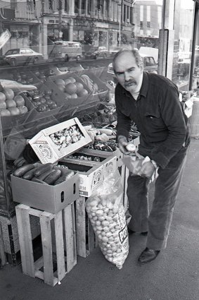 Con Miriklis, the inspiration for TV character Con the Fruiterer, at his  shop in Brunswick Street, Fitzroy, in the early 1980s.