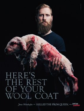 Australian musician Jona Weinhofen in PETA's controversial anti-wool campaign.